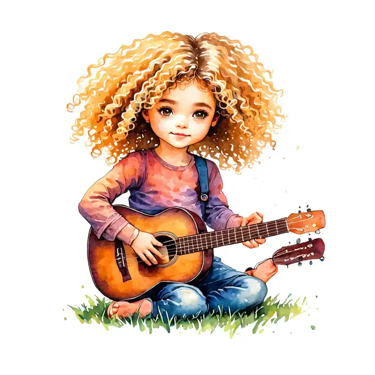 5 Year Old Curly Blonde Haired Girlsitting In The Grass Playing Acoustic Guitar
