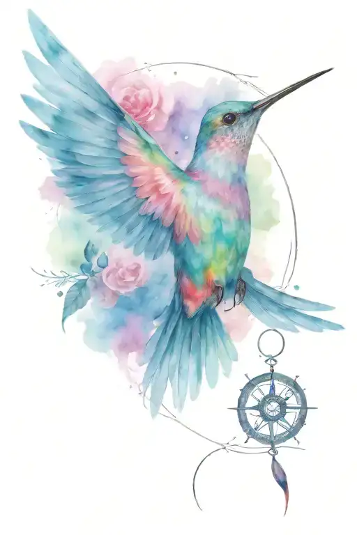 Rose Hummingbird Compass Moon Stars Sky Wing Feather