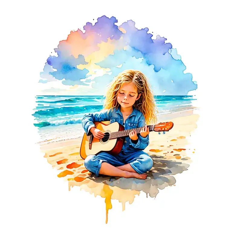 5 Year Old Messy Blonde Haired Girl Sitting On The Beach Playing Acoustic Guitar