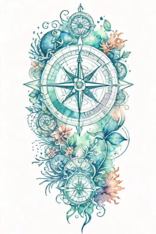 Compass With Ocean Reatures Including Tropical Fish And Coral Reefs