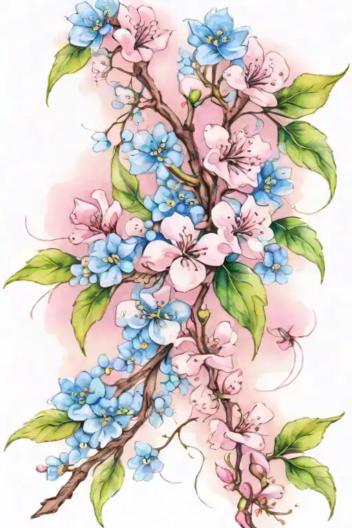 Chain Of Cherry Blossoms And Forget Me Nots With Pink Cancer Ribbon Flowing In The Wind