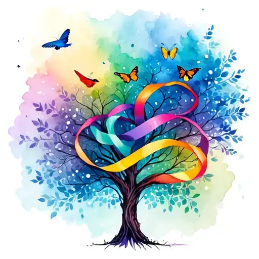Tree With Birds And Butterflies Carrying Colorful Ribbons