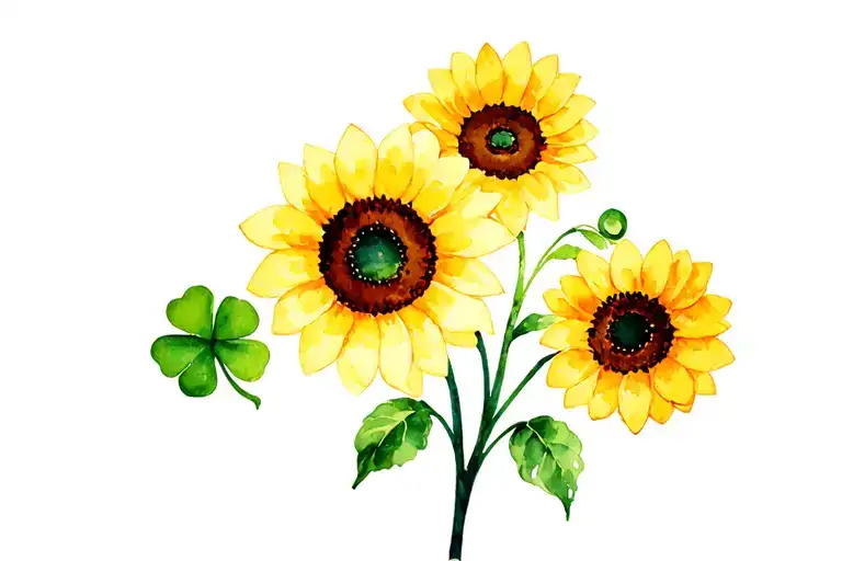 Three Stemless Sunflowers As Well As A Four Leaf Clover