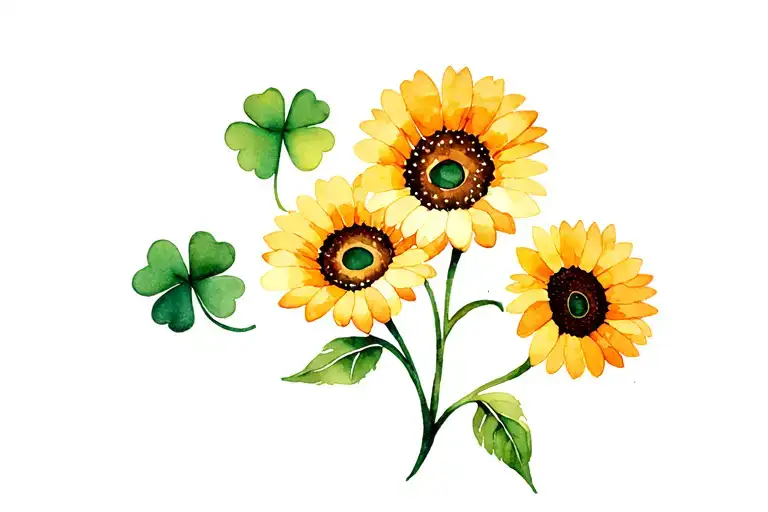 Three Stemless Sunflowers As Well As A Four Leaf Clover