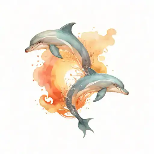 A Tattoo With A Sunset In The Background With Three Dolphins Jumping Out Of The Water