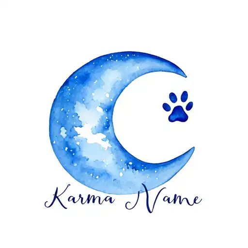 A Blue Crescent Moon With Karma's Name In Elegant Script And A Small Paw Print Next To It