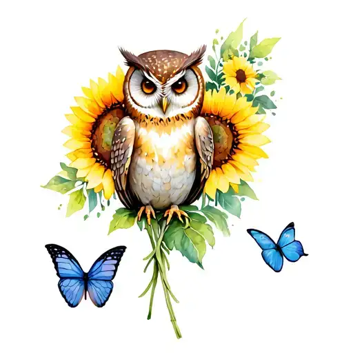 Sunflowers Butterflys And Owl