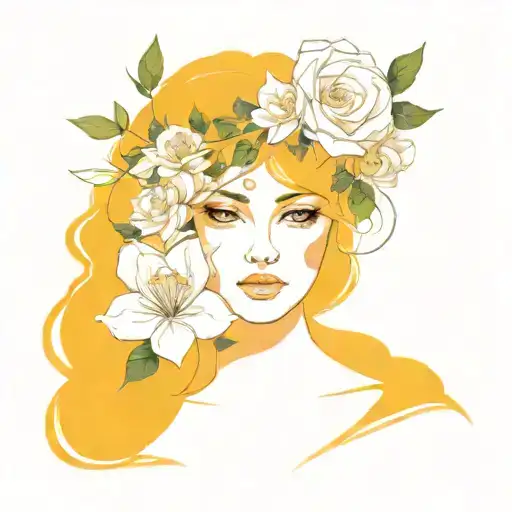 Line Art Minimal Athena Goddess Face With Flower Crown Of Roses And Magnolia Flowers