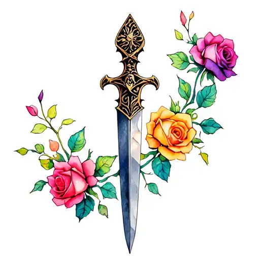 Dagger With Multicolored Roses And Thorns Growing