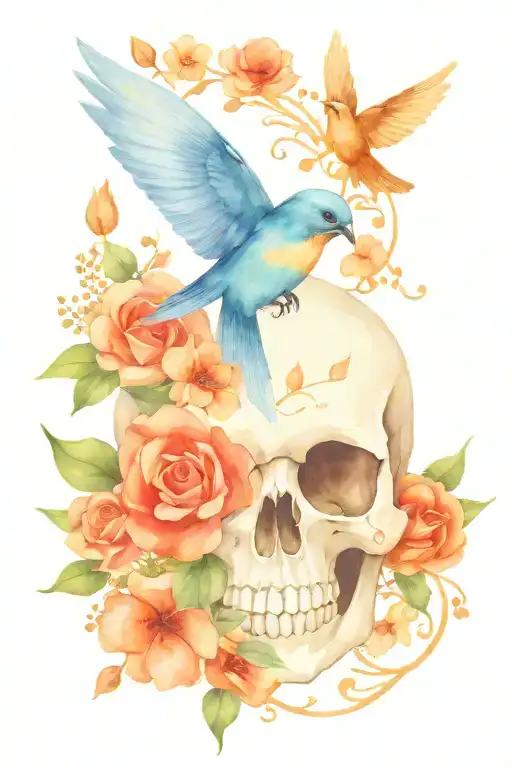 Cute Skull With Flowers - A Swallow - Simple
