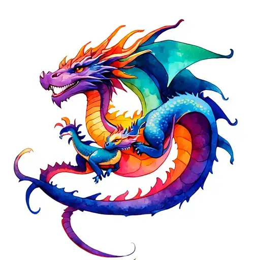 Mom Dragon Holding Baby Dragon Intertwined