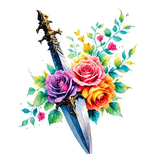 Dagger With Multicolored Roses And Thorns Growing