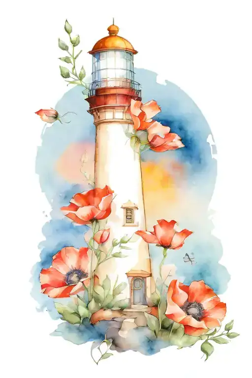 Lighthouse Sunset Ocean Poppies Fure