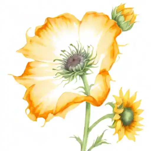 Orange Poppy And A Sunflower Under The Sun