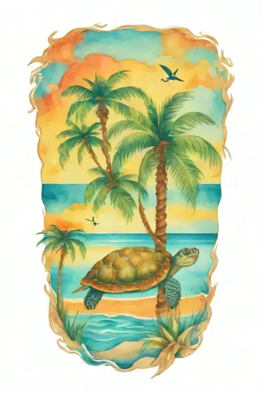 Turtle Sunset Palm Tree Ocean Scene