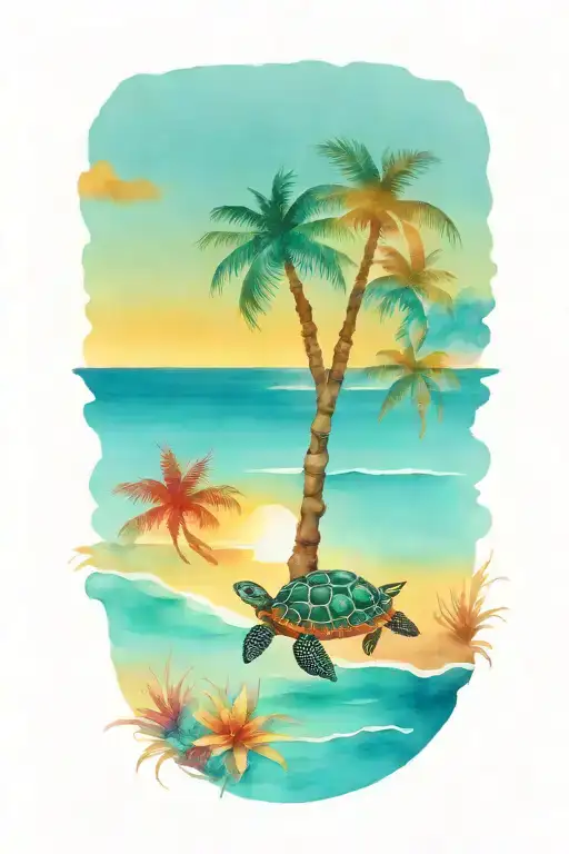 Turtle Sunset Palm Tree Ocean Scene