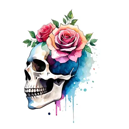 Skull Looking To The Right With R Roses Above The Head And Down