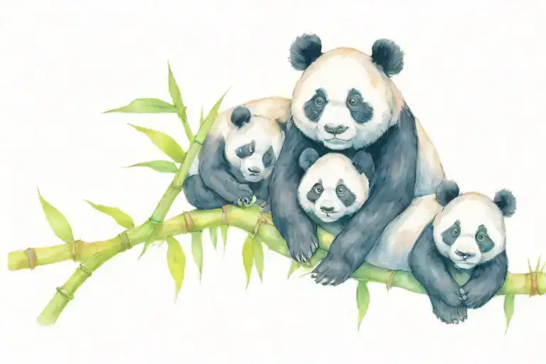 Malea Panda With Two Cubs On A Bamboo