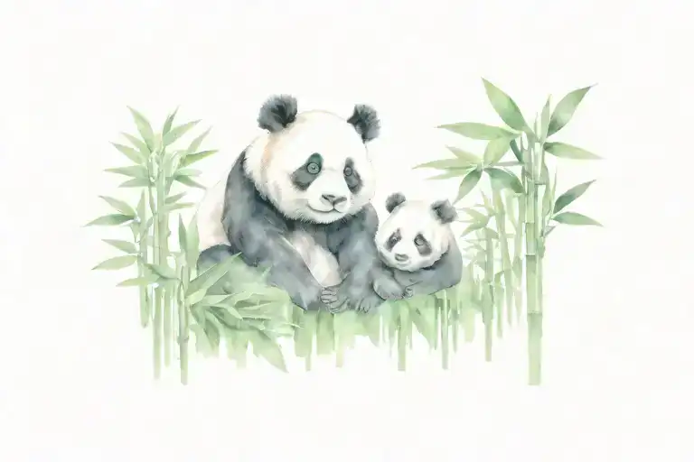 Male Panda With Two Cubs On A Bamboo