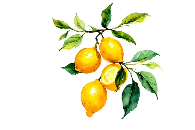 Delicate Watercolor Lemon Branch Hanging Sideways With Three Lemons And Leaves