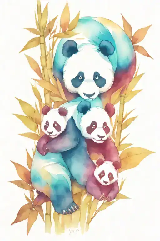 Panda With Two Cubs In Bamboo