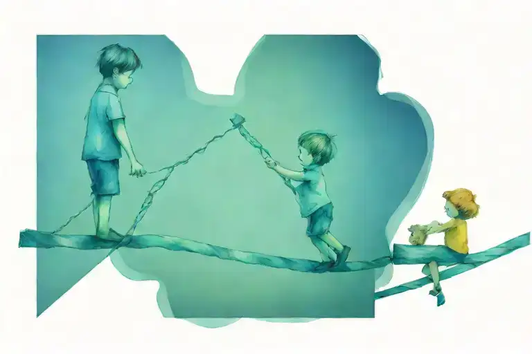Two Boy Children And A Baby Girl Doodle In See Saw Holding Hands Connected By A Rope With Heart