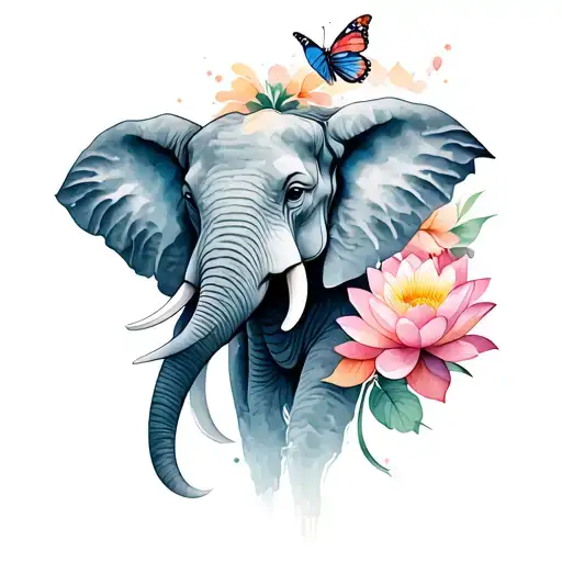 Elephant Head With Trunk Up With Butterfly At Top Of Trunk Surrounded With Lotus Flowers