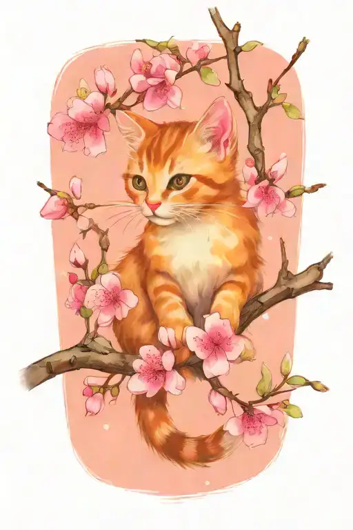 A Very Cute Kitten Perched On A Pink Cherry Blossom Branch
