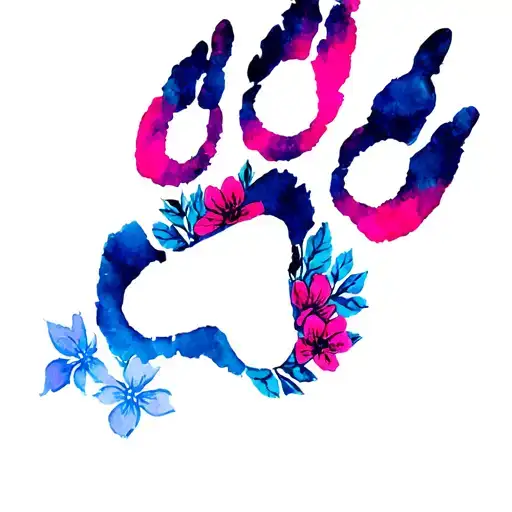 Neon Mountain Lion Paw Print With Flowers