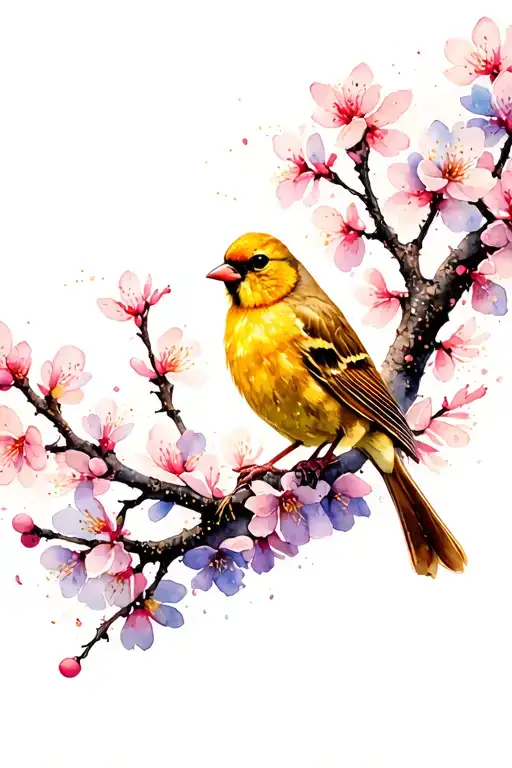 Canary Sitting On Cherry Blossom Tree