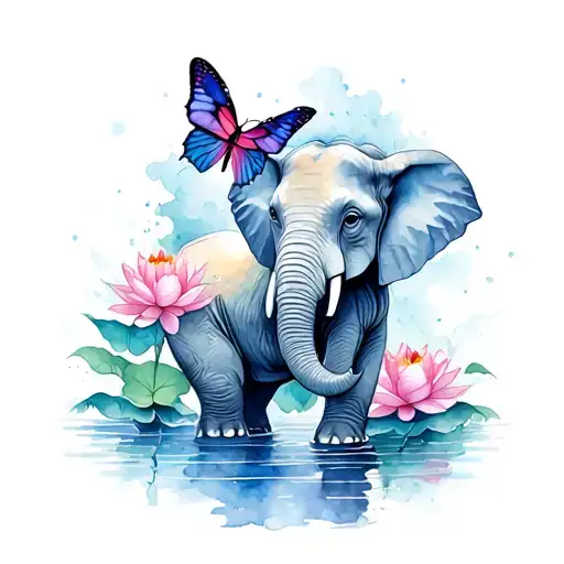 Elephant Trunk Up With Butterfly At Top Of Trunk Surrounded With Lotus Flowers