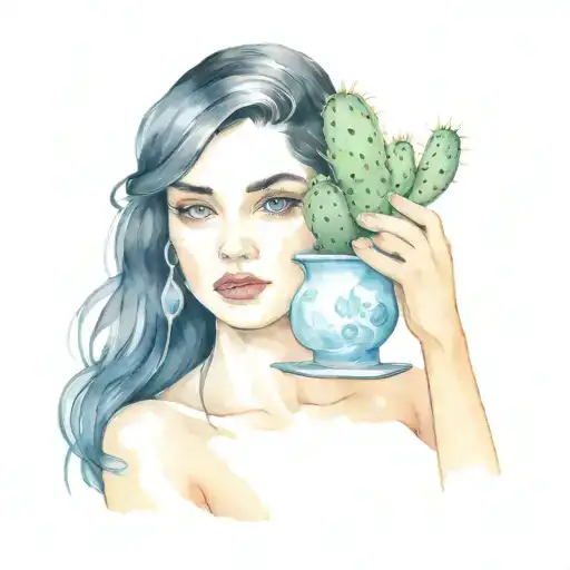 Young Dark Haired Lady Holding Cactus Pot