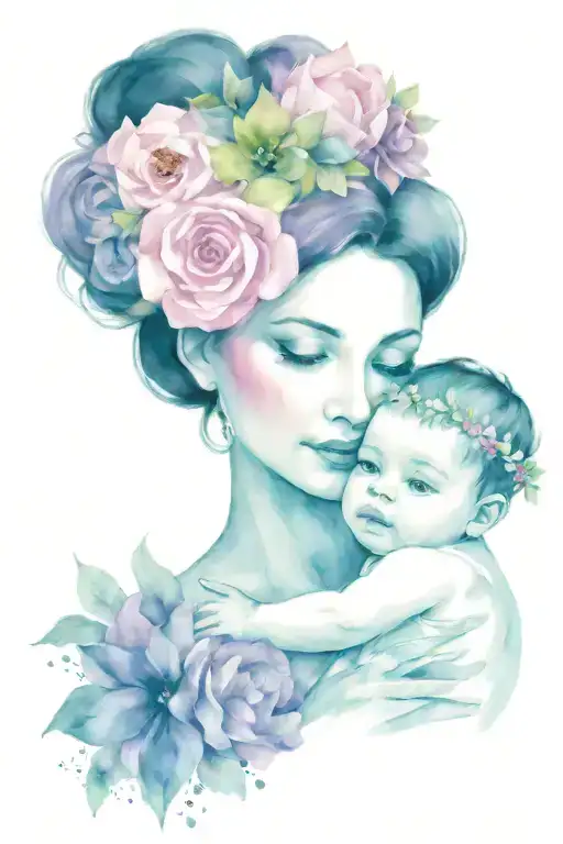 Dark Haire Mother With Purple Flower Crown Holding Baby