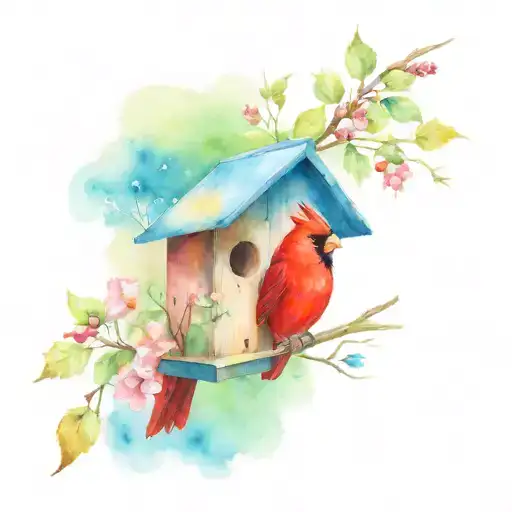 Cardinal On A Branch With A Birdhouse