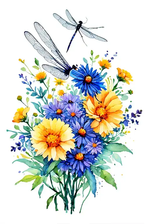 Marigold And Aster Bouquet With Dragonfly Perched