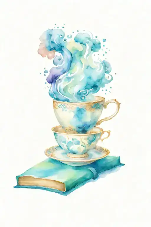 Teacup With Watercolor Steam And Book Open In Front