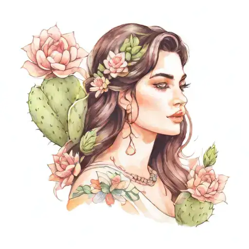 Young Dark Haired Brown Eyed Curvy Lady Holding Cactus