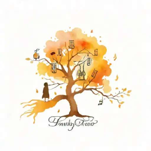 A Family Tree Tattoo With Musical Notes And Instruments Intertwined In Blackwork Style Tattoo