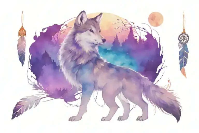 A Wolf Howling At The Moon Surrounded By Native American Dream Catchers And Birds