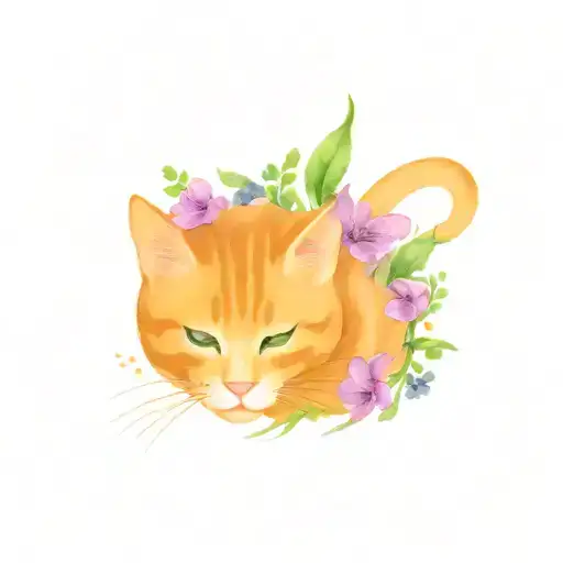Orange Cat And Sweet Pea Flowers