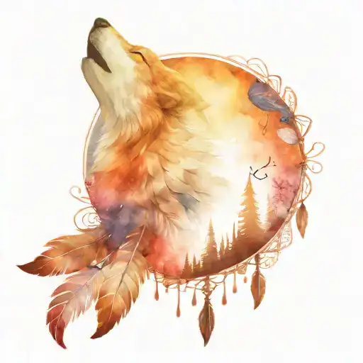 A Wolf Howling At The Moon Surrounded By Native American Dream Catchers And Birds