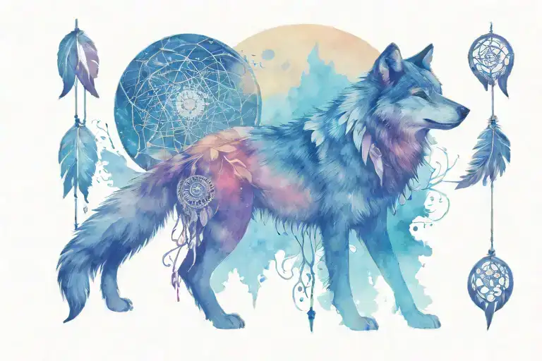 A Wolf Howling At The Moon Surrounded By Native American Dream Catchers And Birds