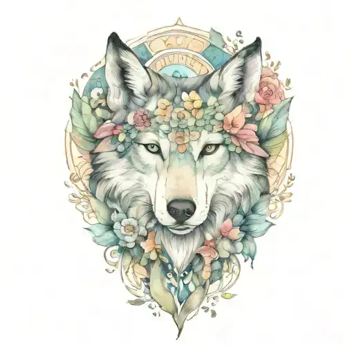Mama Wolf Head With Flowers And Butterflies