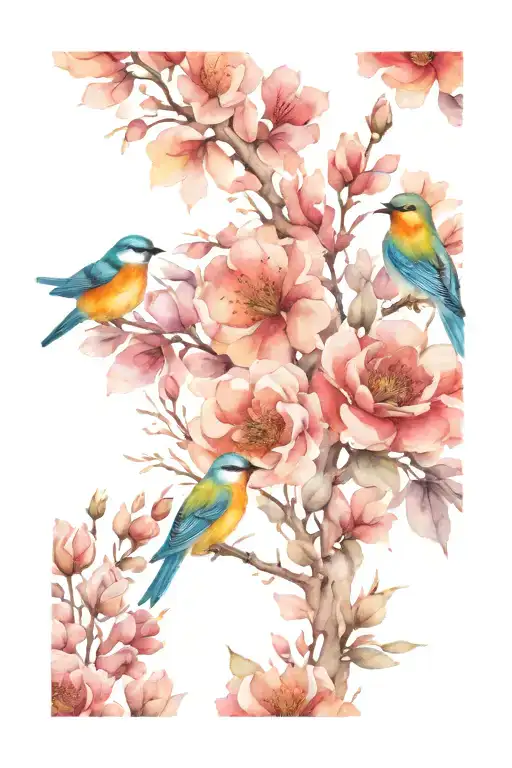 Line Of Flowers Blooming With Birds Sitting