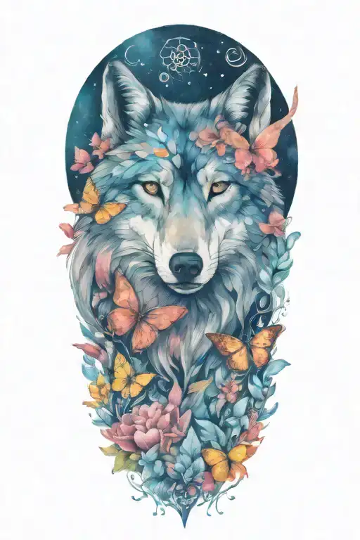 Mama Wolf Head With Flowers And Butterflies