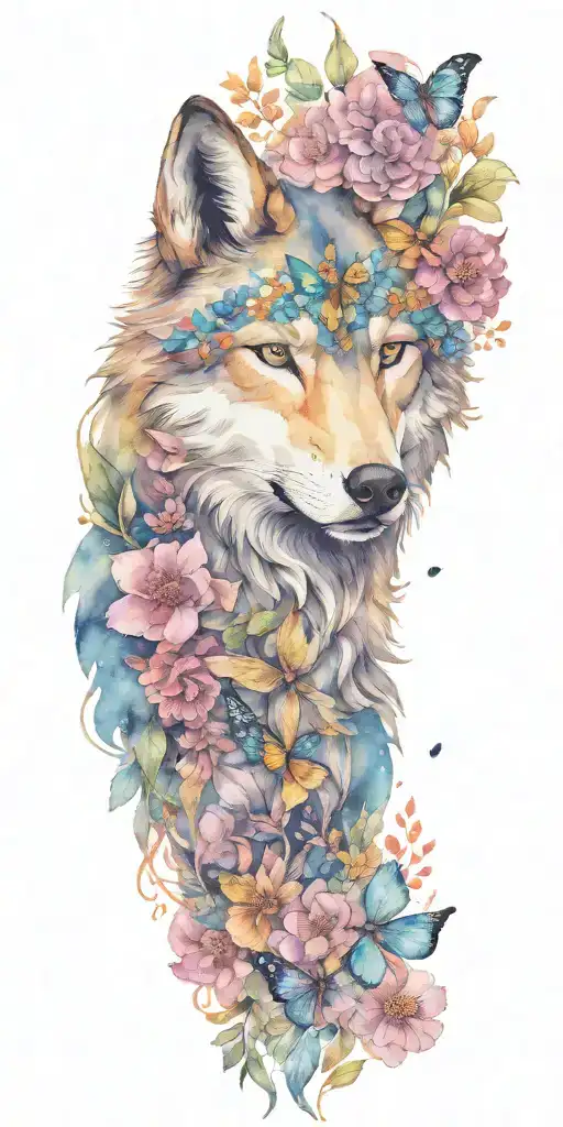 Mama Wolf Head With Flowers And Butterflies