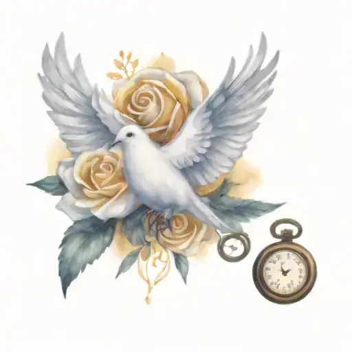 A Dove Carrying A Yellow Rose And A Broken Pocket Watch With Date 9-17-2020