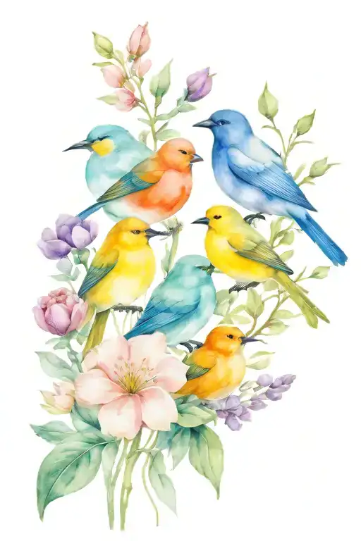 Line Of Flowers Blooming With Birds Sitting