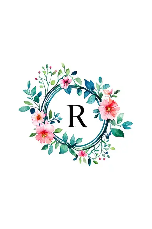 An Oval Of Blooming Flowers And Vines With An R In The Center With Minimal Color Accents