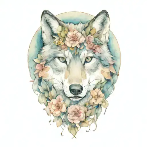 Mama Wolf Head With Flowers And Butterflies Soft Eyes